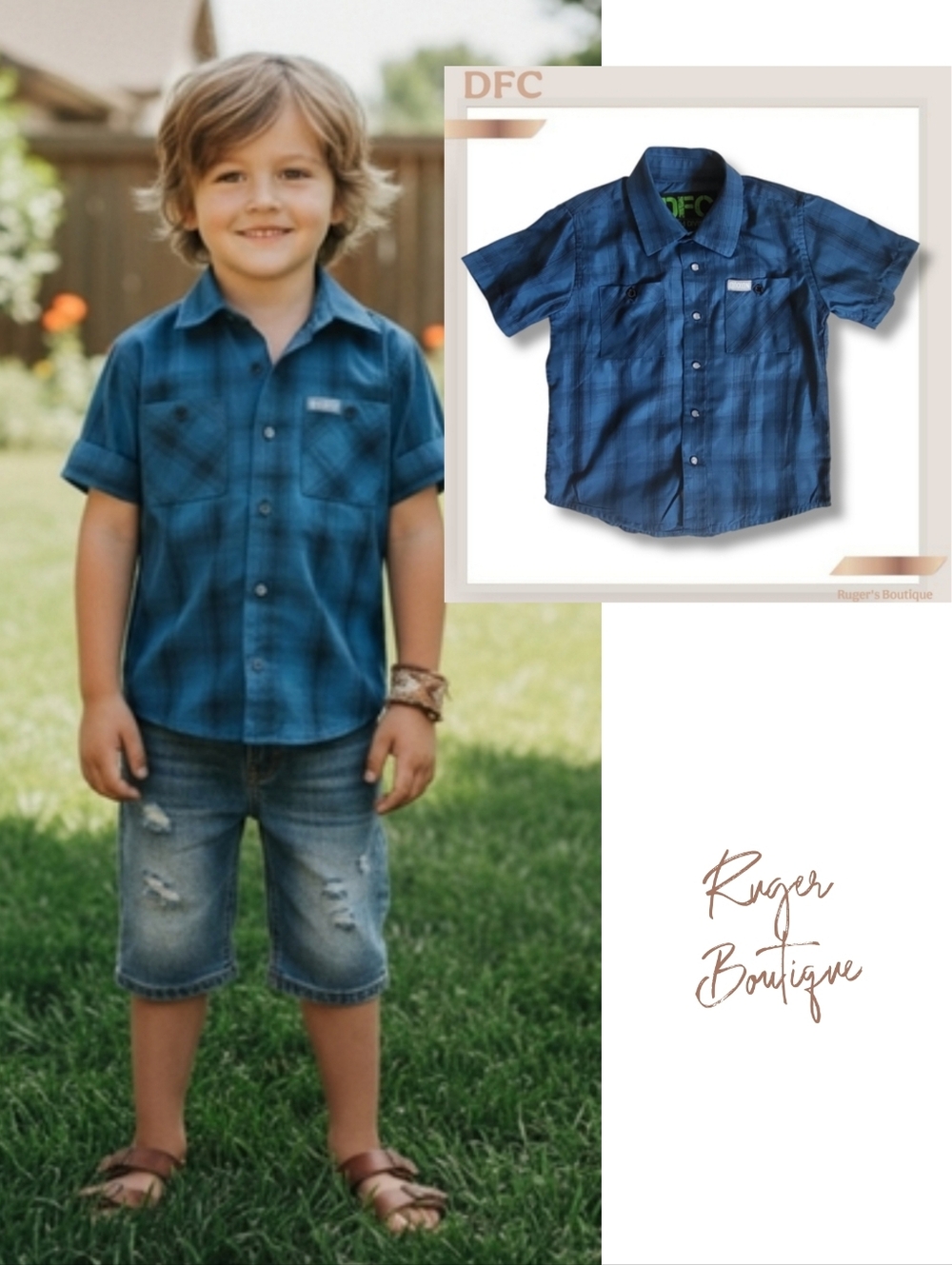 🌿DFC Youth Division Boys XS (5/6) Dark Blue Pearl Snap Plaid Dress Shirt